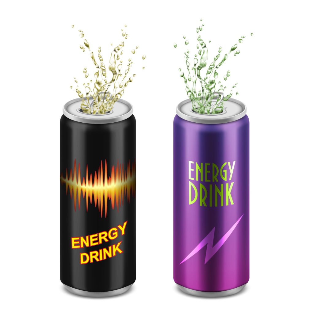 Two cans of energy drinks, with vibrant designs, placed side by side against a neutral background, symbolizing a potential source of the amino acid taurine
